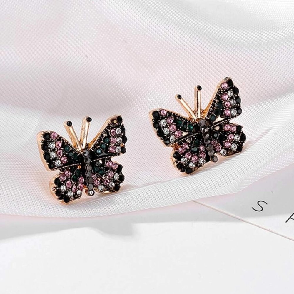 Pink Black Rhinestone Butterfly Stud Earrings
